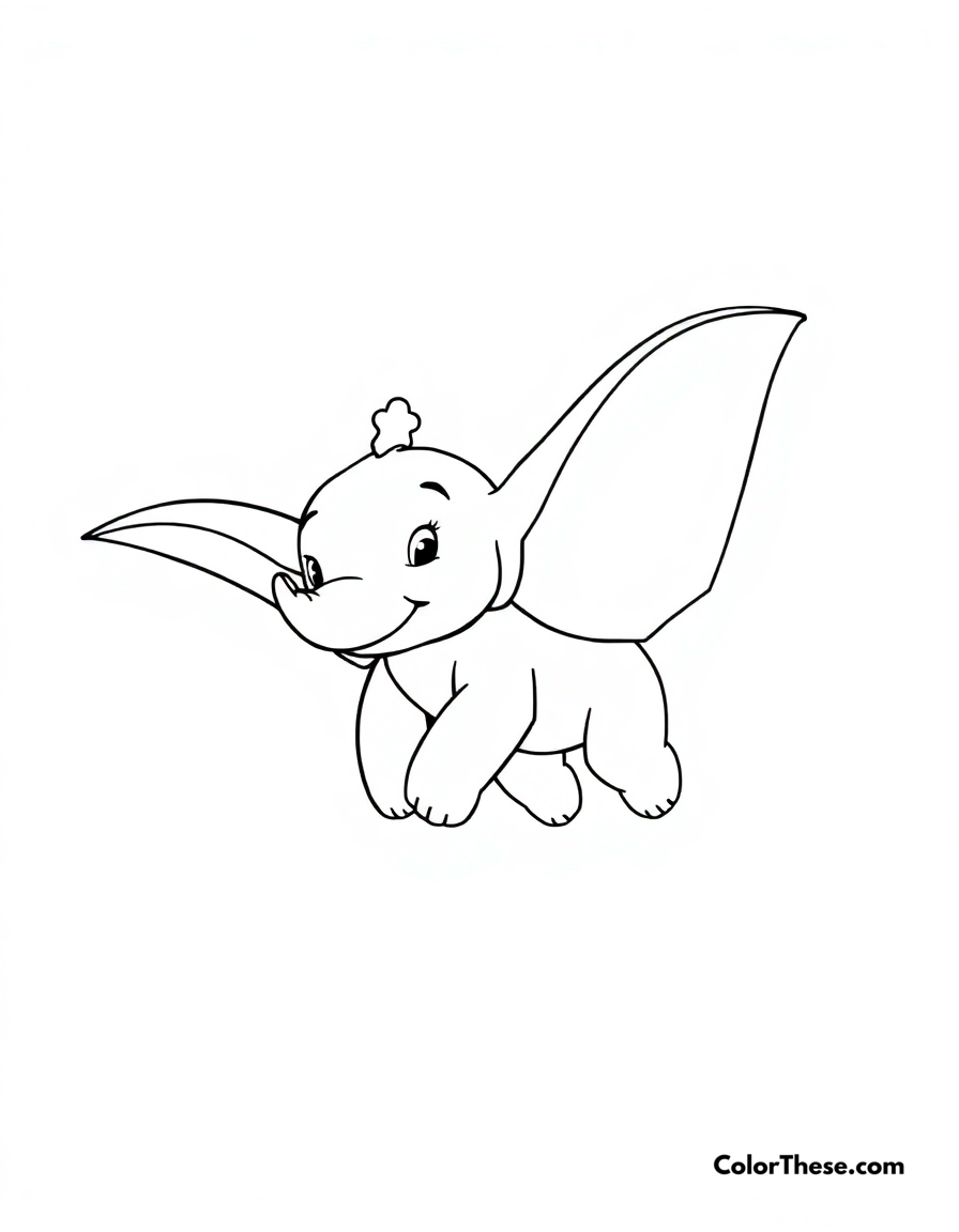 Free printable dumbo's first flight coloring page for kids and adults - A dumbo soaring through the air with his magical ears.