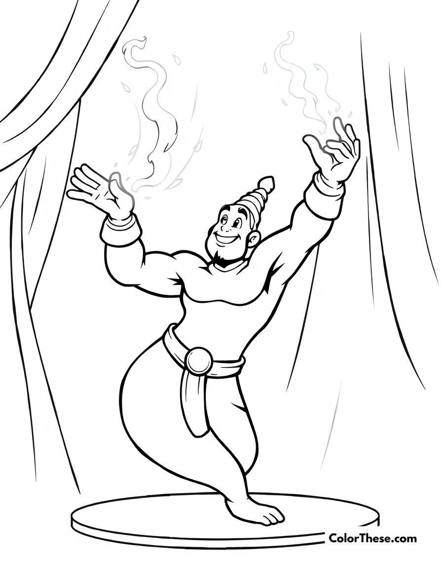 Free printable genie's magic coloring page for kids and adults - A genie performing his spectacular magical entertainment.