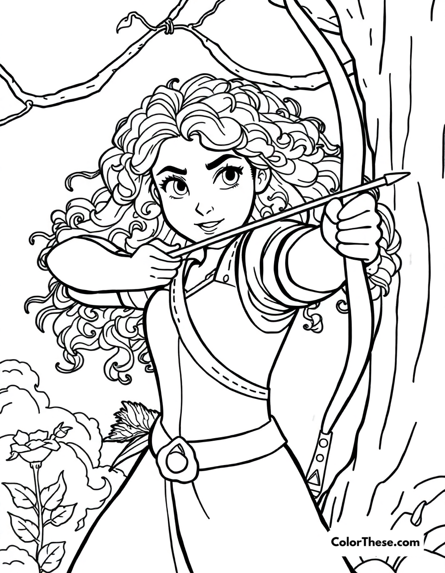 Free printable merida's archery coloring page for kids and adults - A merida demonstrating her exceptional archery skills.