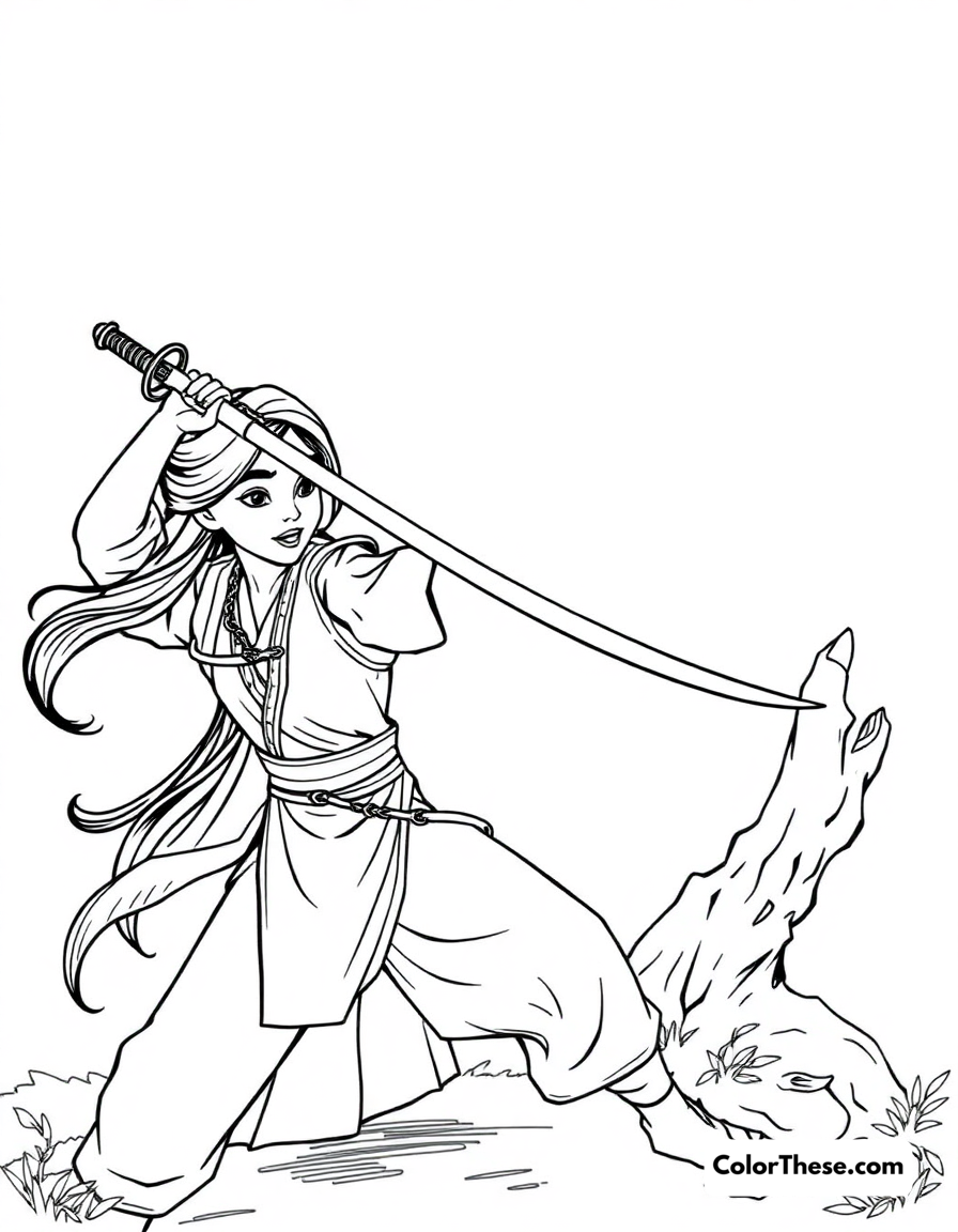 Free printable mulan's training coloring page for kids and adults - A mulan practicing with her sword during training.