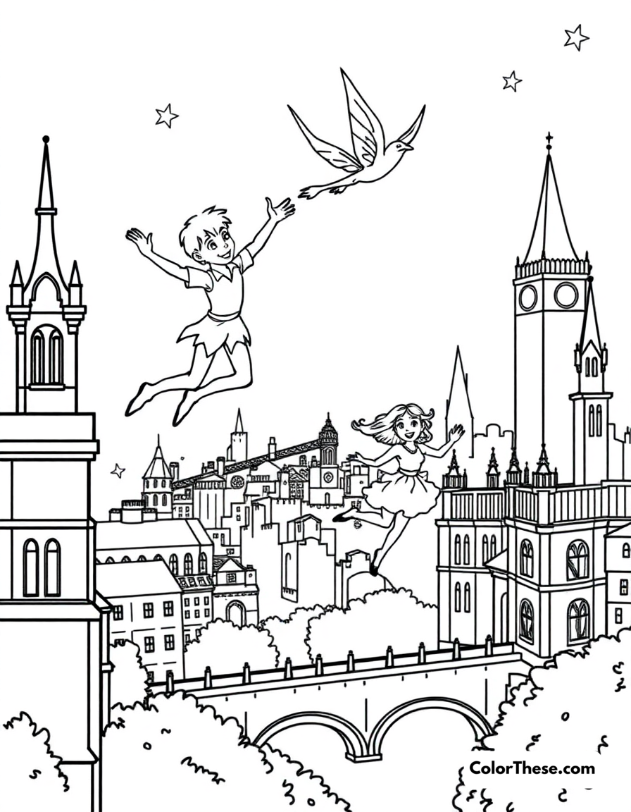 Free printable peter pan's flight coloring page for kids and adults - A peter pan and the darling children flying over london.