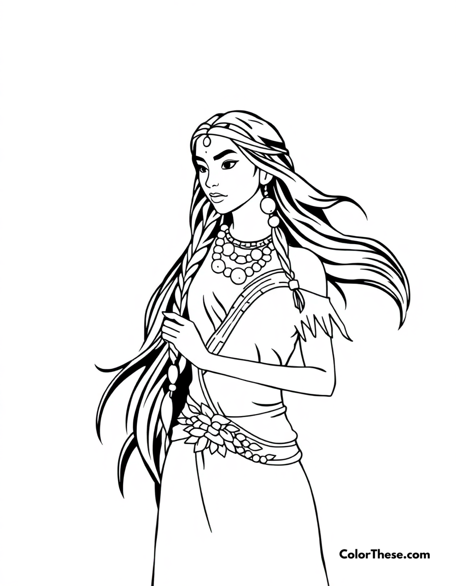 Free printable pocahontas and nature coloring page for kids and adults - A pocahontas connecting with the colors of the wind.