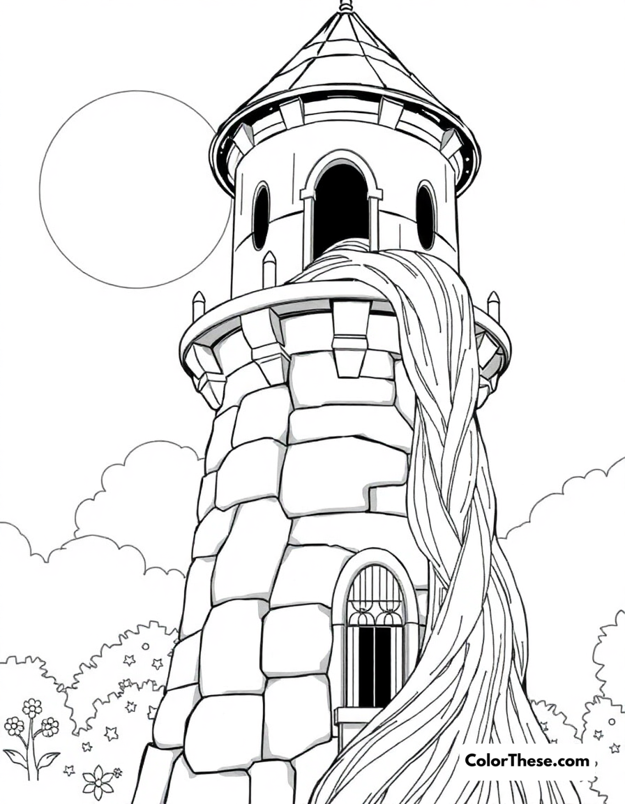 Free printable rapunzel's tower coloring page for kids and adults - A rapunzel letting down her magical golden hair from her tower.