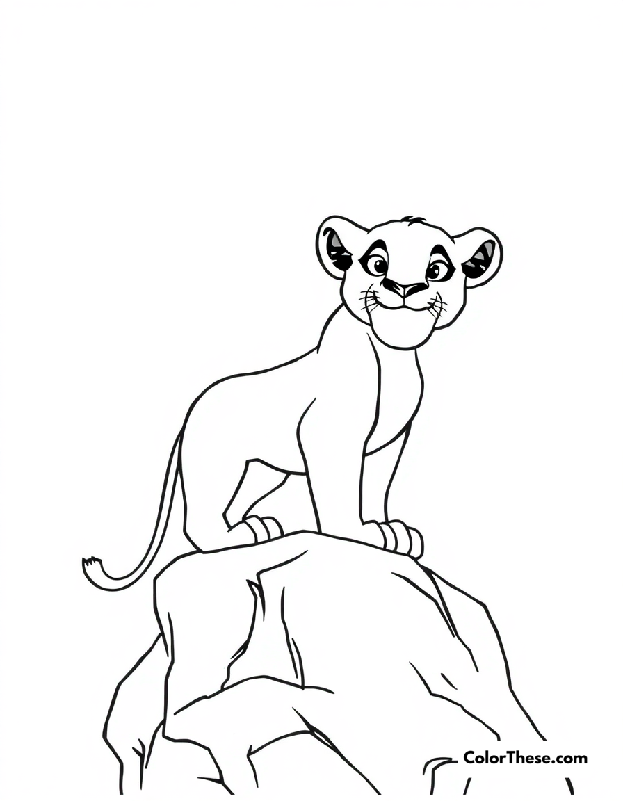 Free printable simba's pride rock coloring page for kids and adults - A young simba standing proudly on pride rock.