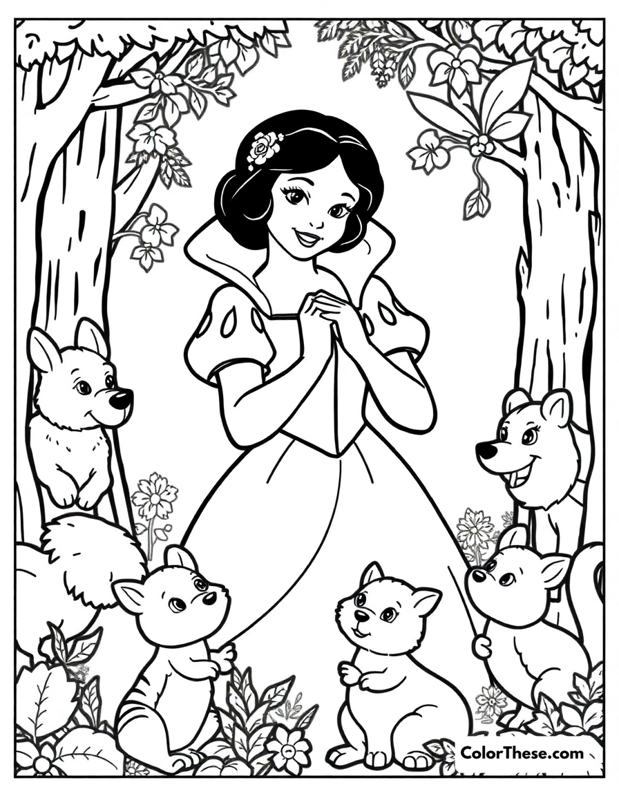 Free printable snow white's forest friends coloring page for kids and adults - A snow white surrounded by her helpful forest animal friends.