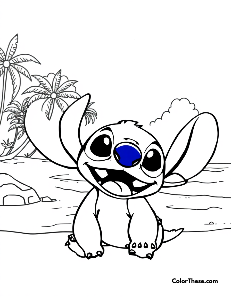 Free printable stitch's beach day coloring page for kids and adults - A stitch enjoying a sunny day at the hawaiian beach.