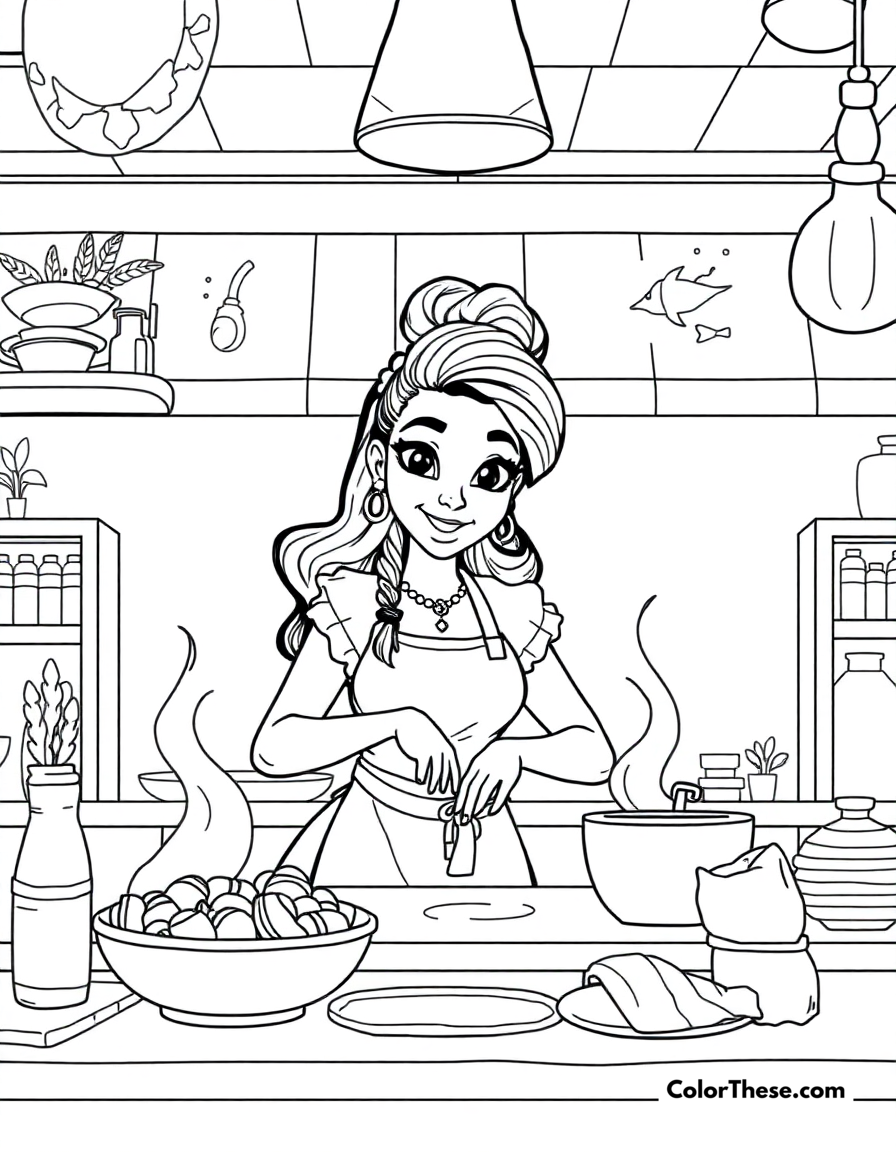 Free printable tiana's restaurant coloring page for kids and adults - A tiana cooking up something special in her dream restaurant.