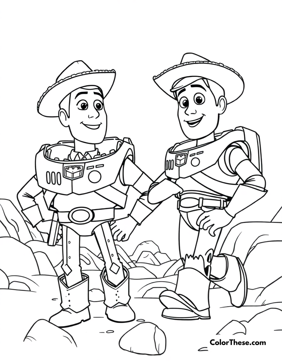 Free printable woody and buzz's adventure coloring page for kids and adults - A woody and buzz lightyear on another toy adventure.