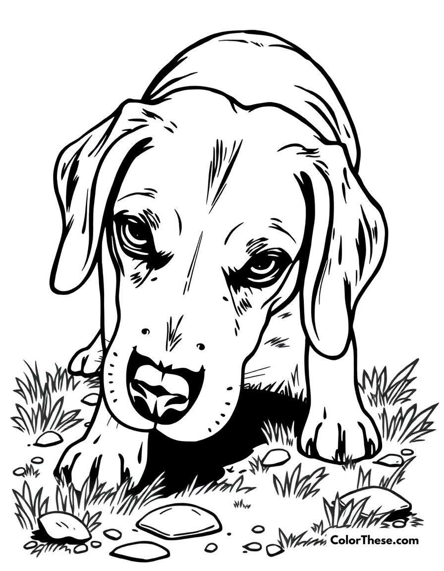 Free printable beagle coloring page for kids and adults - A a beagle sniffing the ground with its floppy ears.