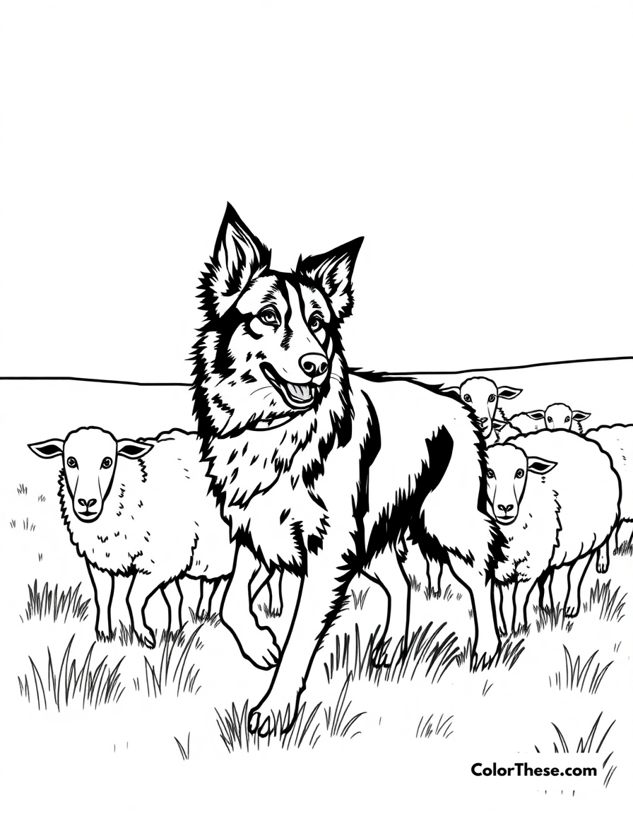 Free printable border collie coloring page for kids and adults - A a border collie herding sheep in a field.