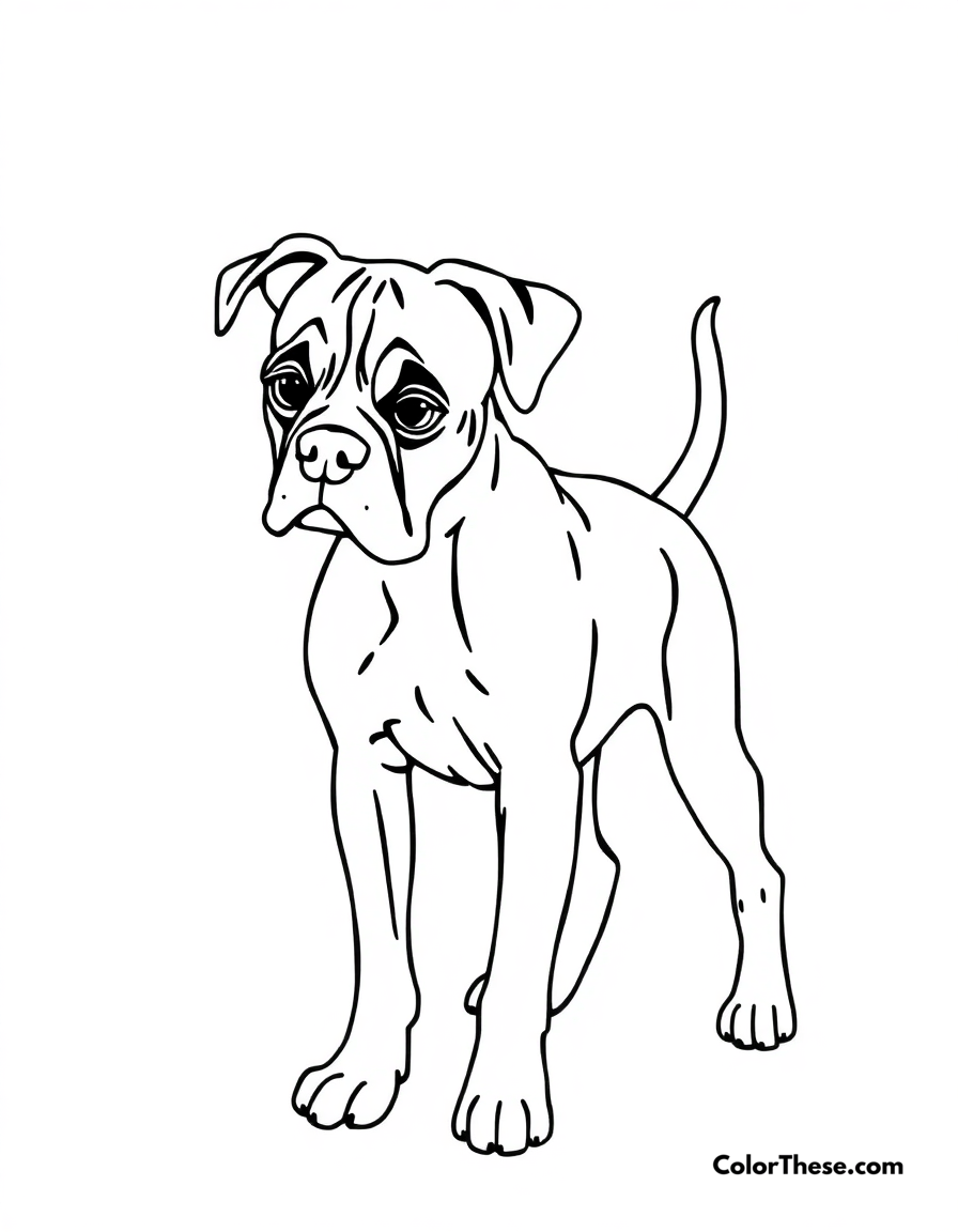 Free printable boxer coloring page for kids and adults - A a boxer with a playful stance and a wagging tail.