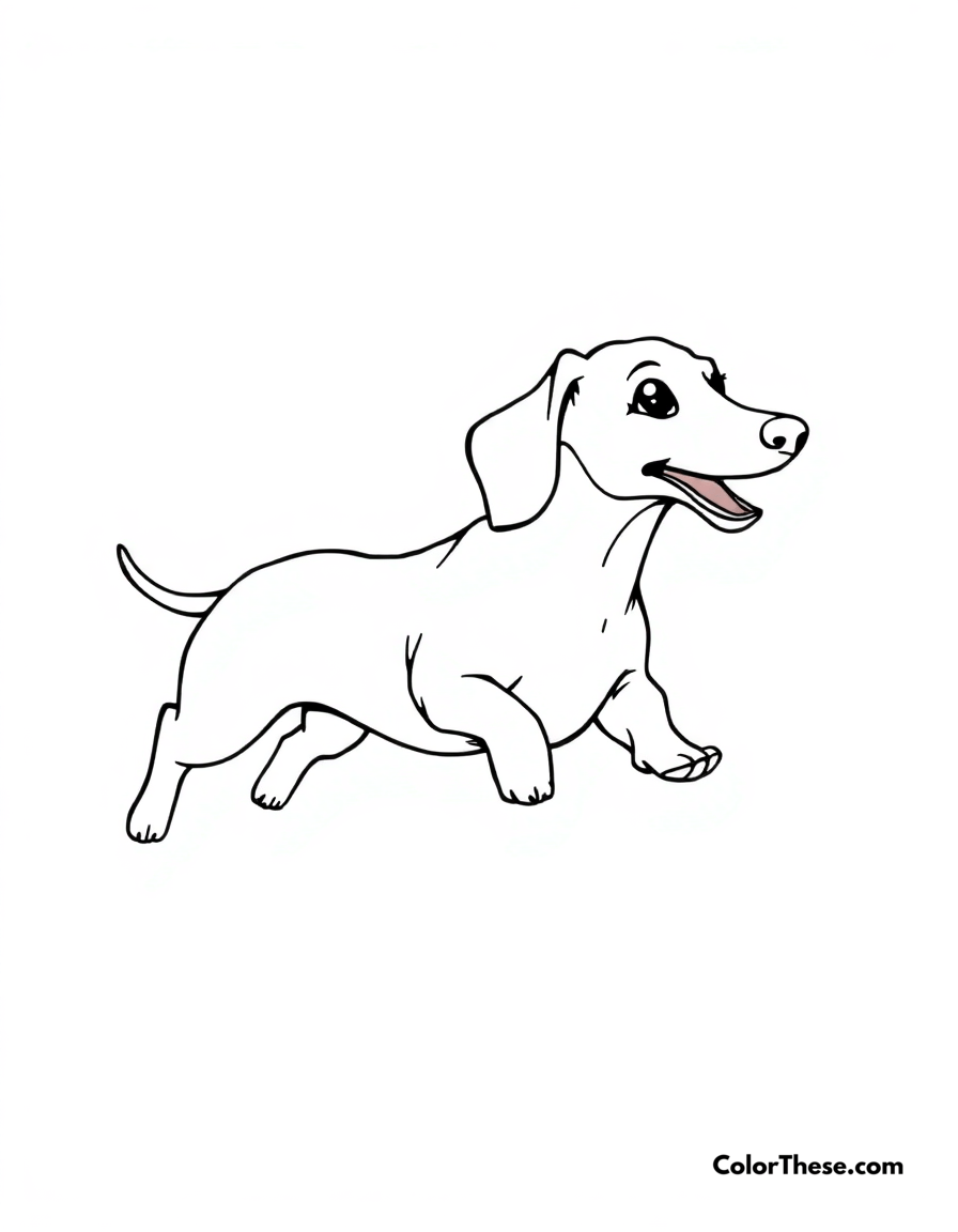 Free printable dashing dachshund coloring page for kids and adults - A a dachshund running with its long body and short legs.