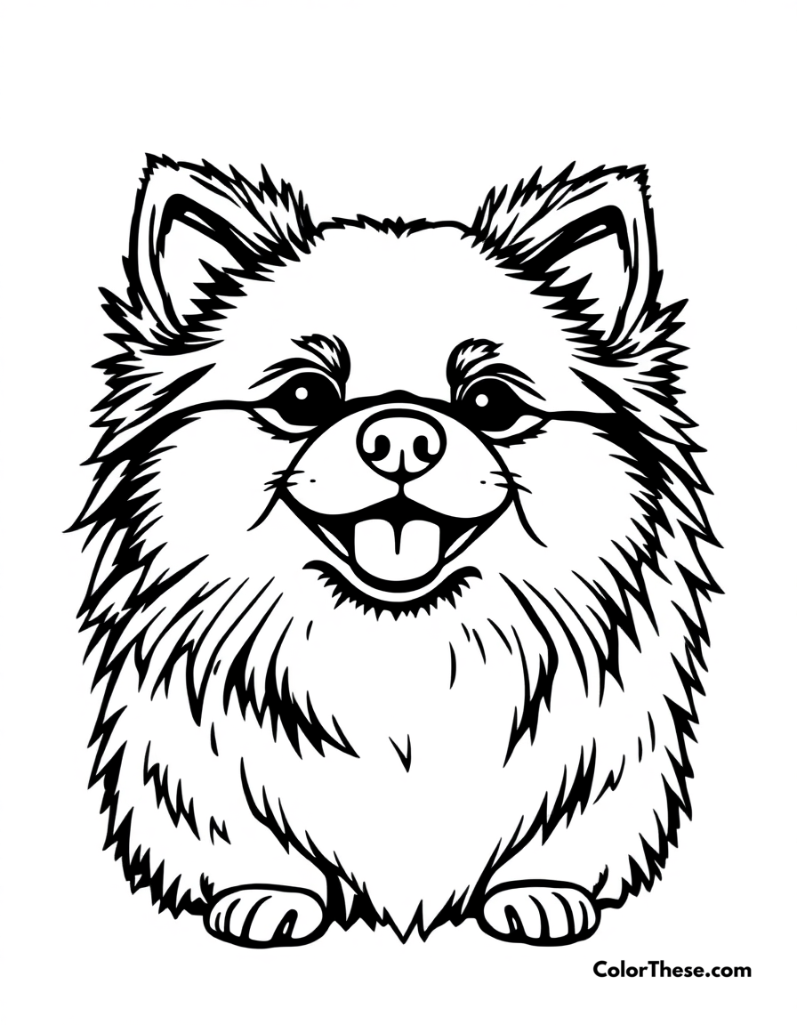 Free printable fluffy pomeranian coloring page for kids and adults - A a fluffy pomeranian with a big smile and perky ears.