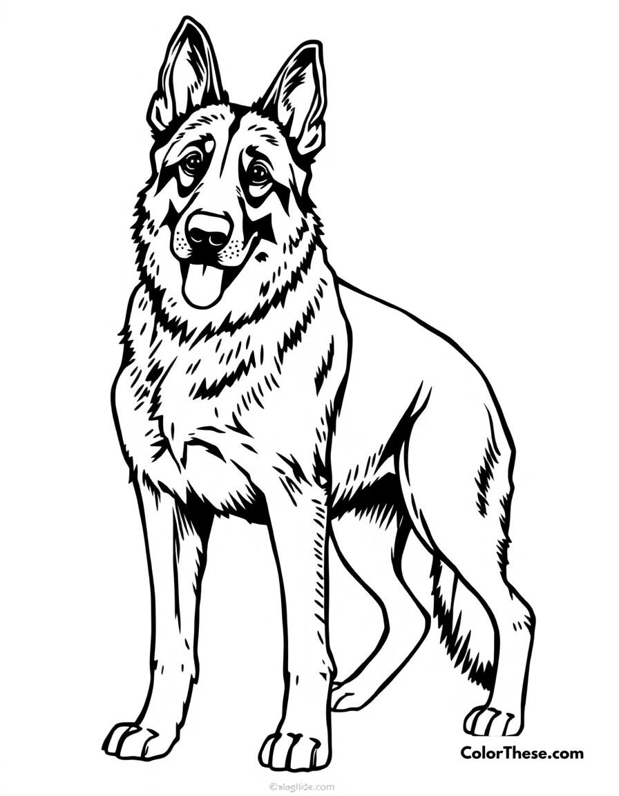 Free printable german shepherd coloring page for kids and adults - A a german shepherd standing guard with a confident stance.