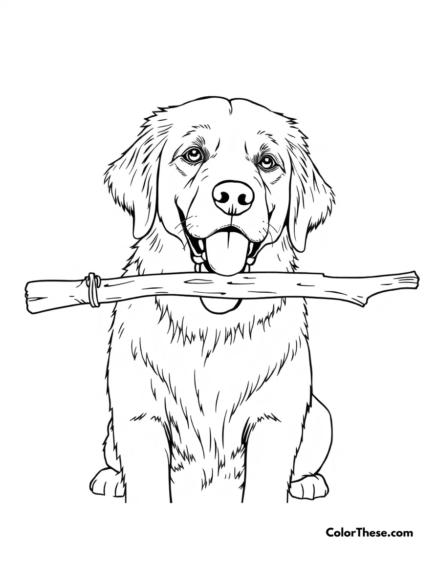 Free printable golden retriever coloring page for kids and adults - A a golden retriever holding a stick in its mouth.