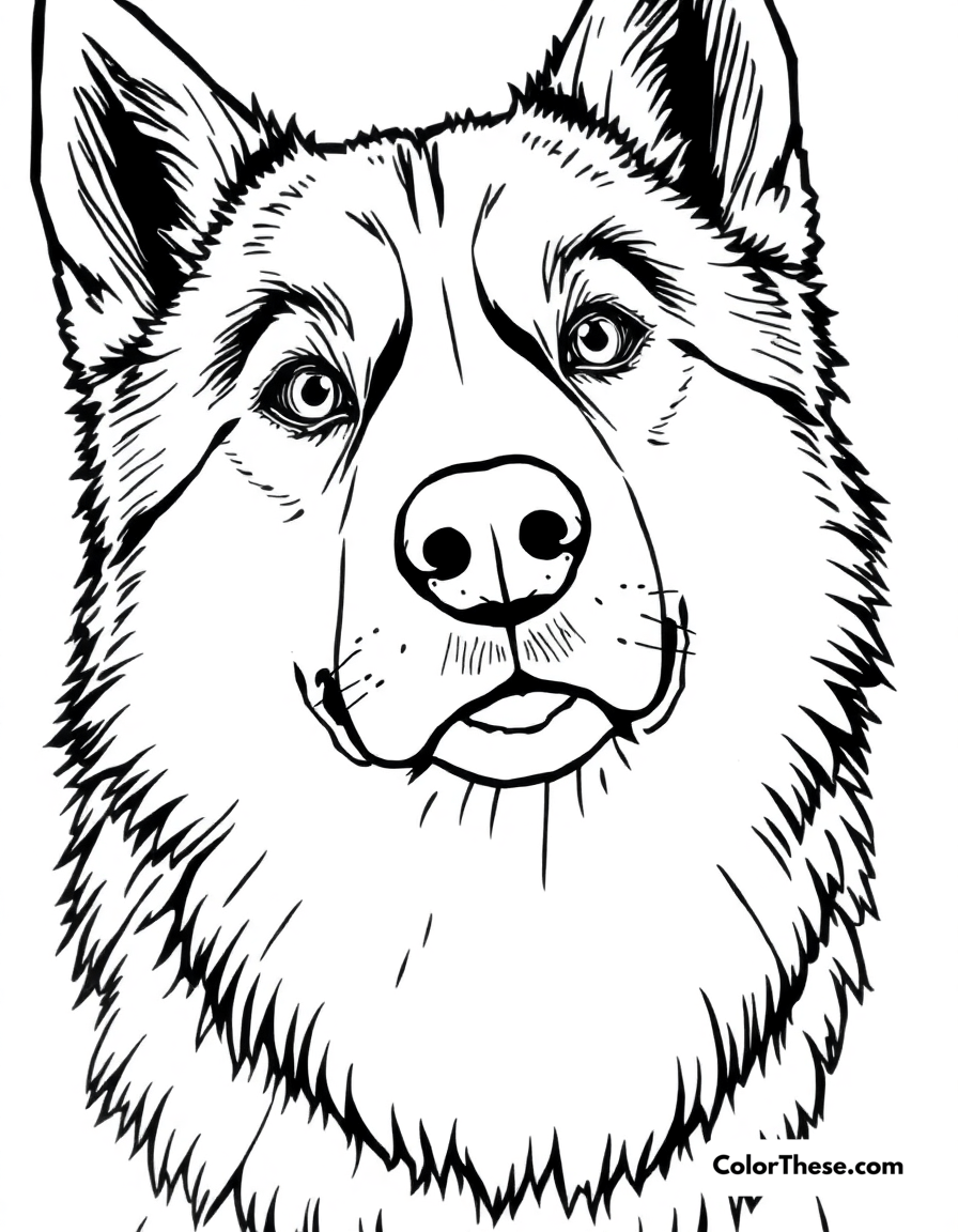 Free printable husky coloring page for kids and adults - A a husky with striking eyes and a thick coat.