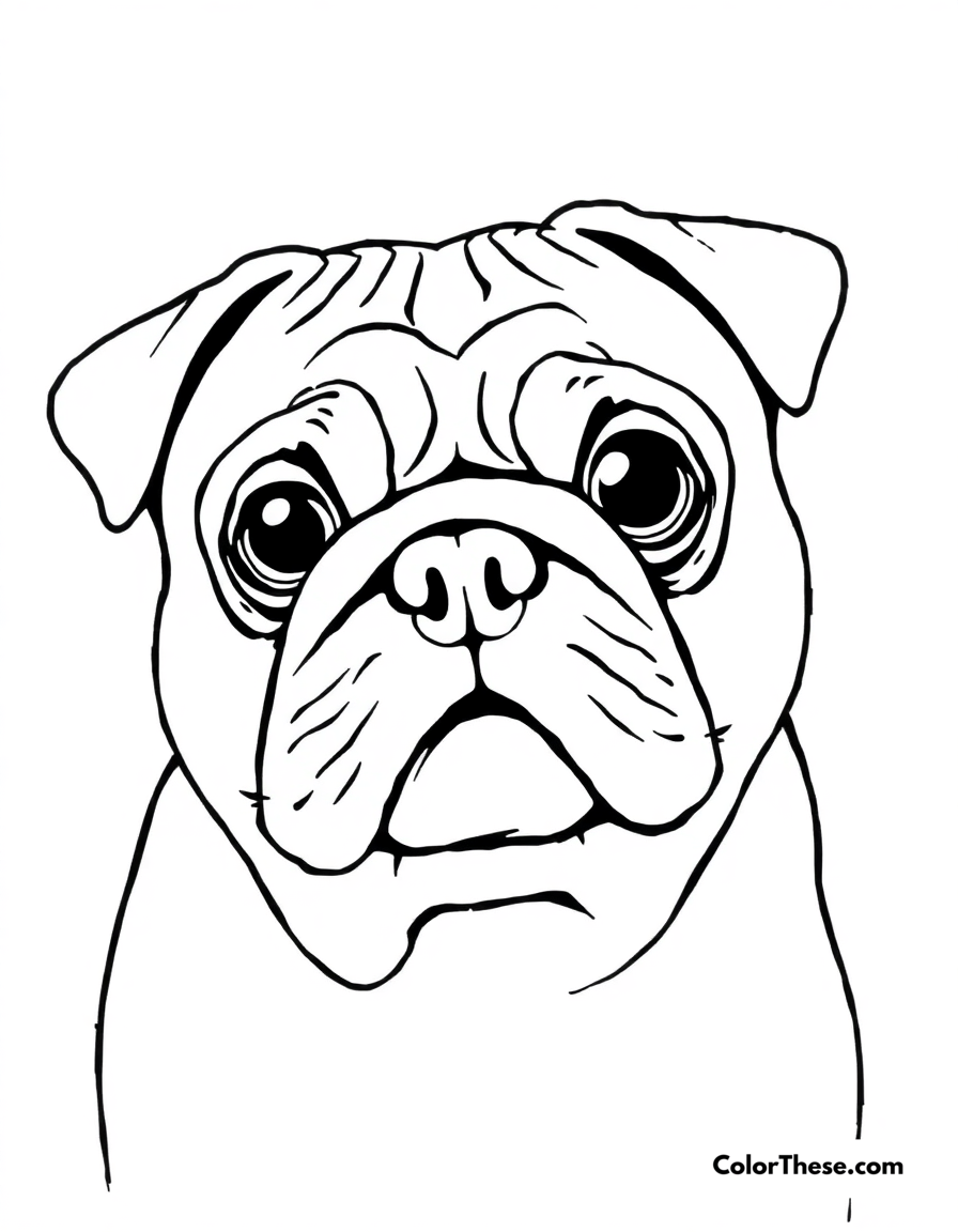 Free printable pug coloring page for kids and adults - A a pug with its wrinkled face and big eyes.