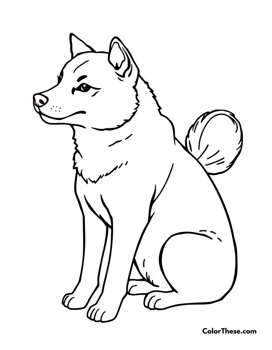 Free printable shiba inu coloring page for kids and adults - A a shiba inu sitting proudly with its curled tail.