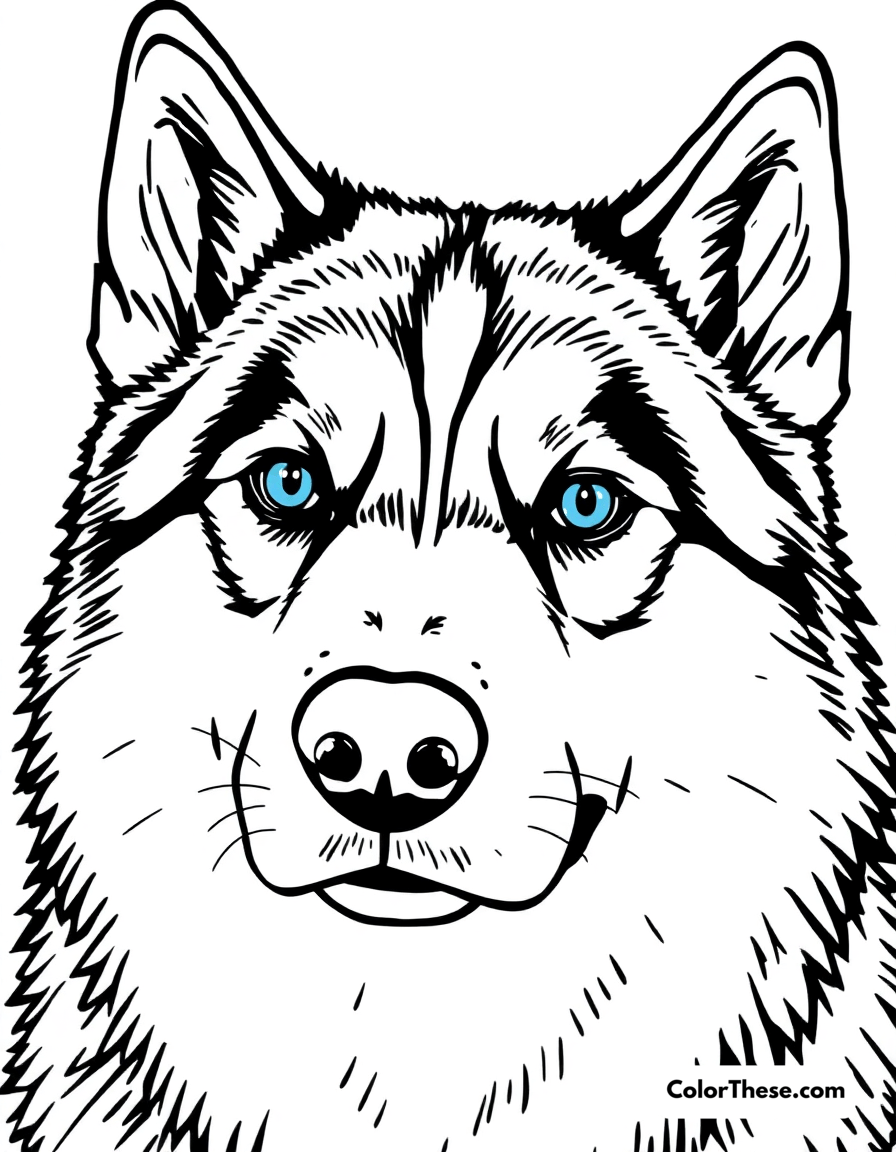 Free printable siberian husky coloring page for kids and adults - A a siberian husky with piercing blue eyes and a thick coat.