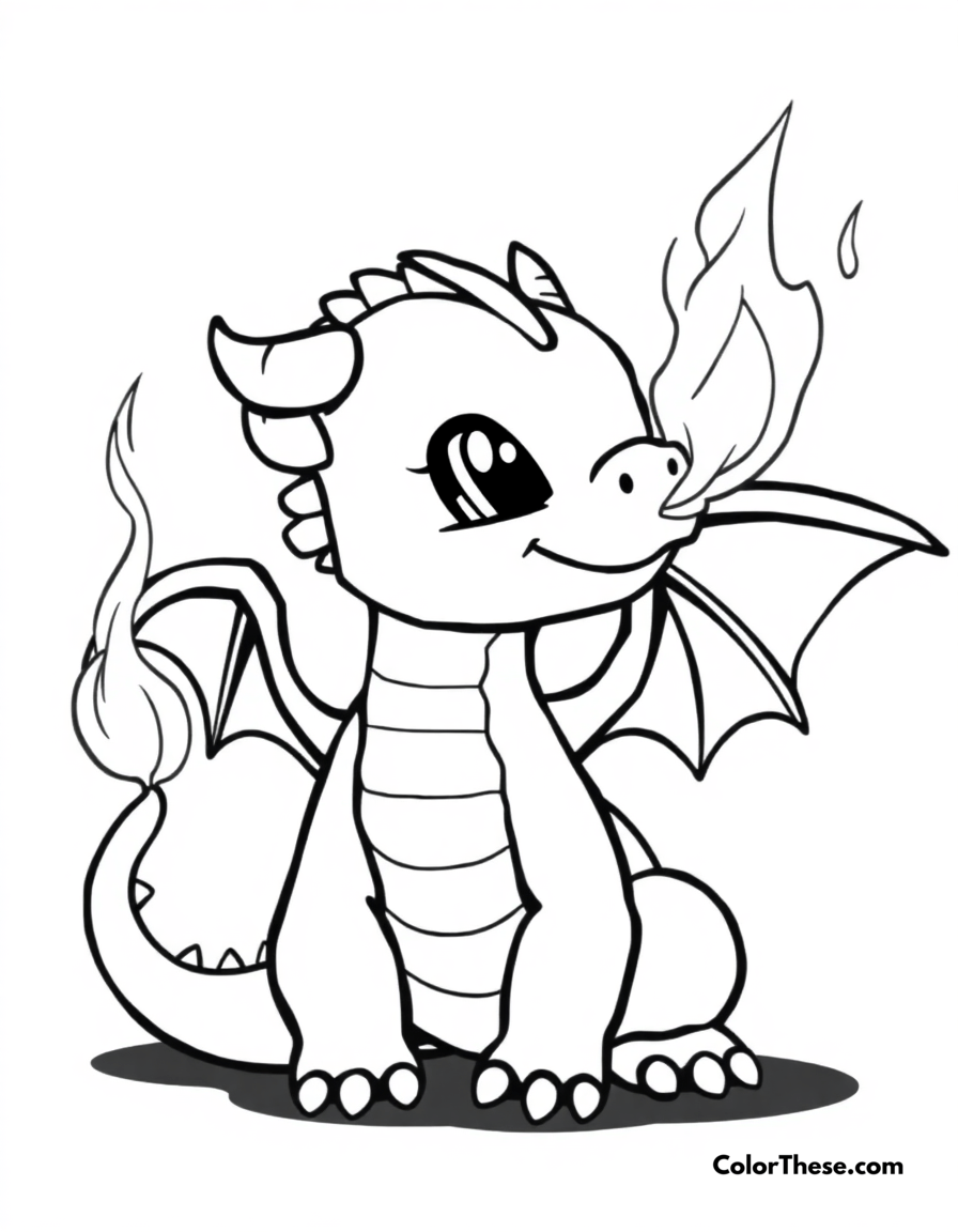 Free printable baby dragon coloring page for kids and adults - A a cute baby dragon learning to breathe fire.