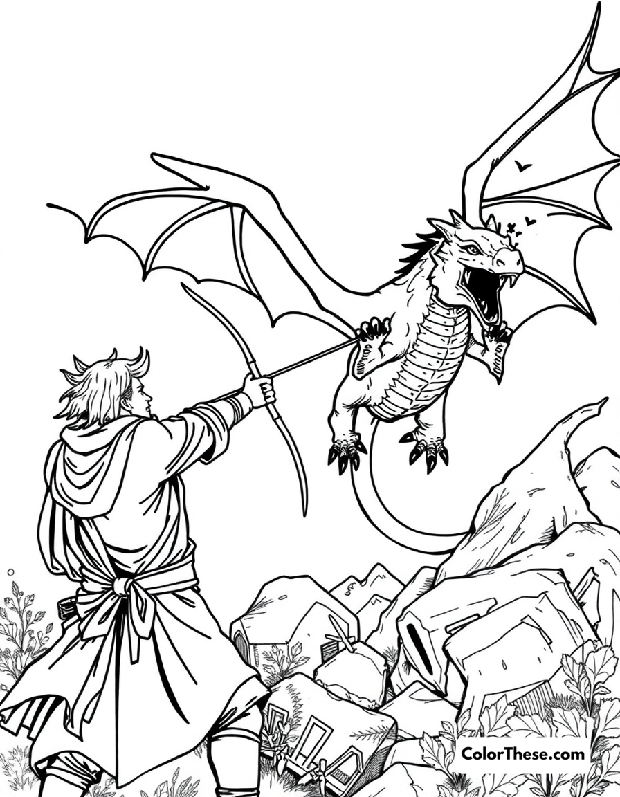 Free printable dragon and archer coloring page for kids and adults - A an archer aiming at a dragon in flight.