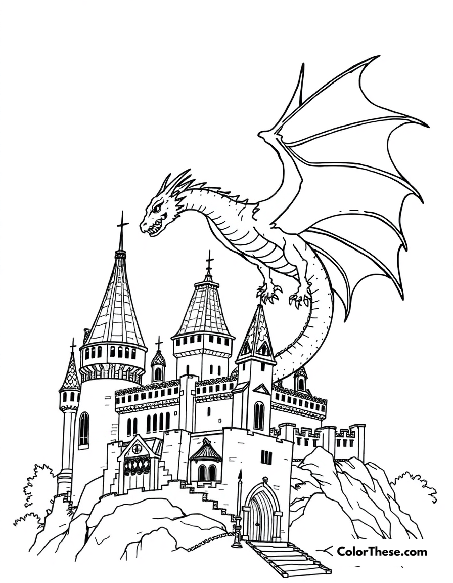 Free printable dragon and castle coloring page for kids and adults - A a dragon flying over a medieval castle.