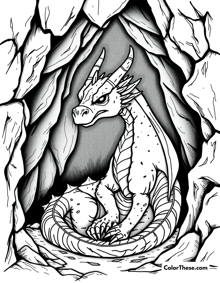 Free printable dragon in a cave coloring page for kids and adults - A a dragon resting in its dark, mysterious cave.