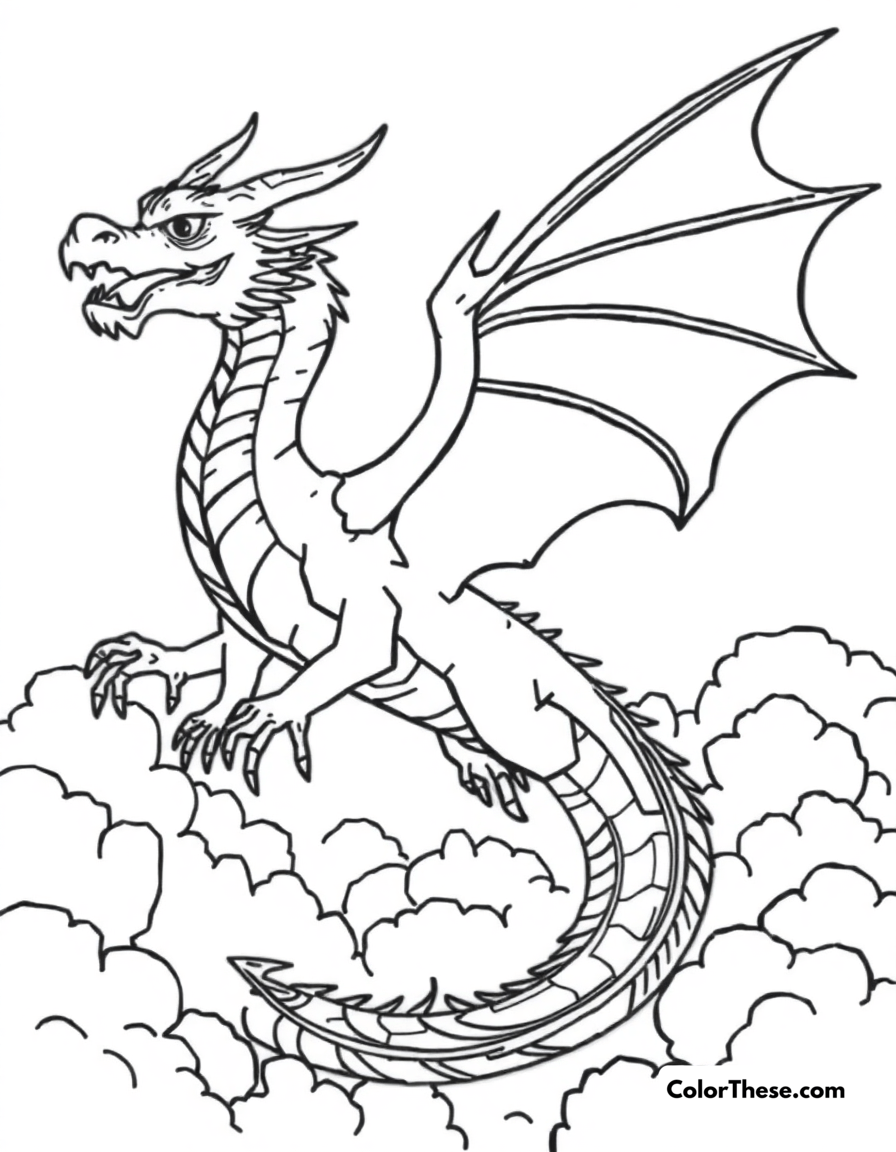 Free printable dragon in flight coloring page for kids and adults - A a majestic dragon soaring through the clouds.