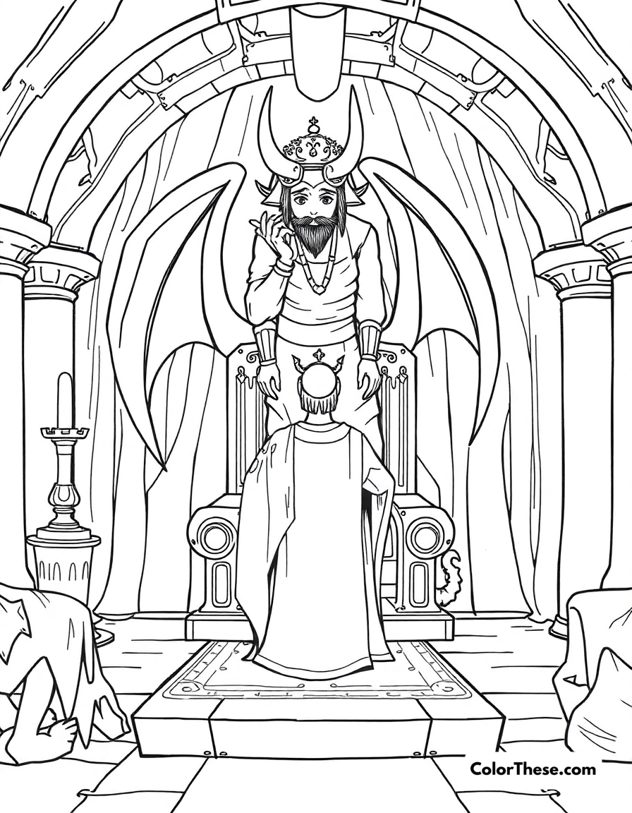 Free printable dragon and king coloring page for kids and adults - A a king standing before a dragon in his throne room.