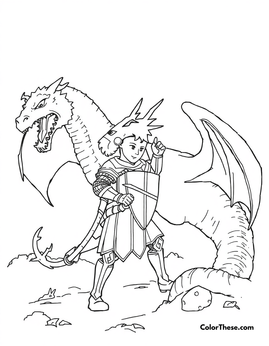 Free printable dragon and knight coloring page for kids and adults - A a dragon facing off against a brave knight.