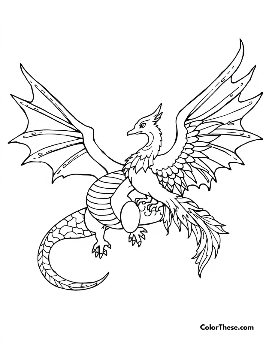 Free printable dragon and phoenix coloring page for kids and adults - A a dragon and phoenix flying together in harmony.