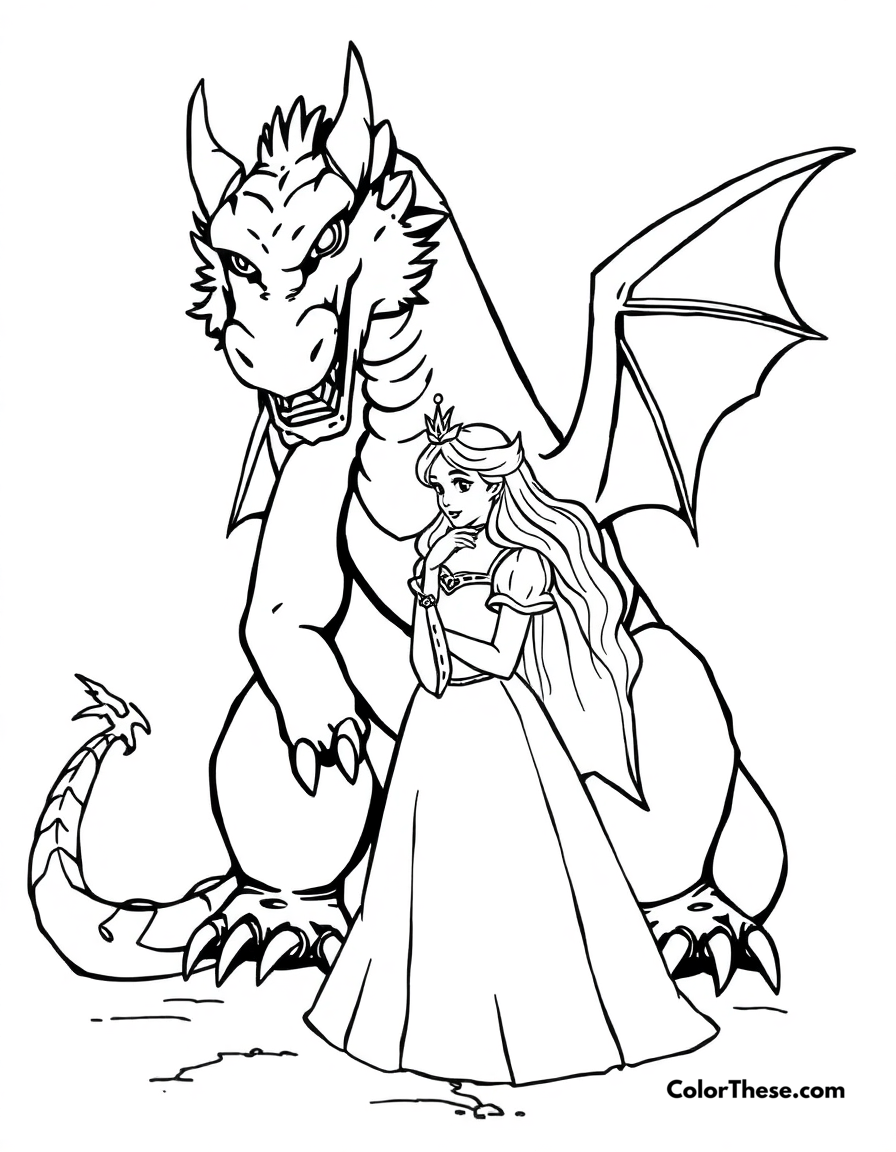 Free printable dragon and princess coloring page for kids and adults - A a princess standing bravely in front of a dragon.