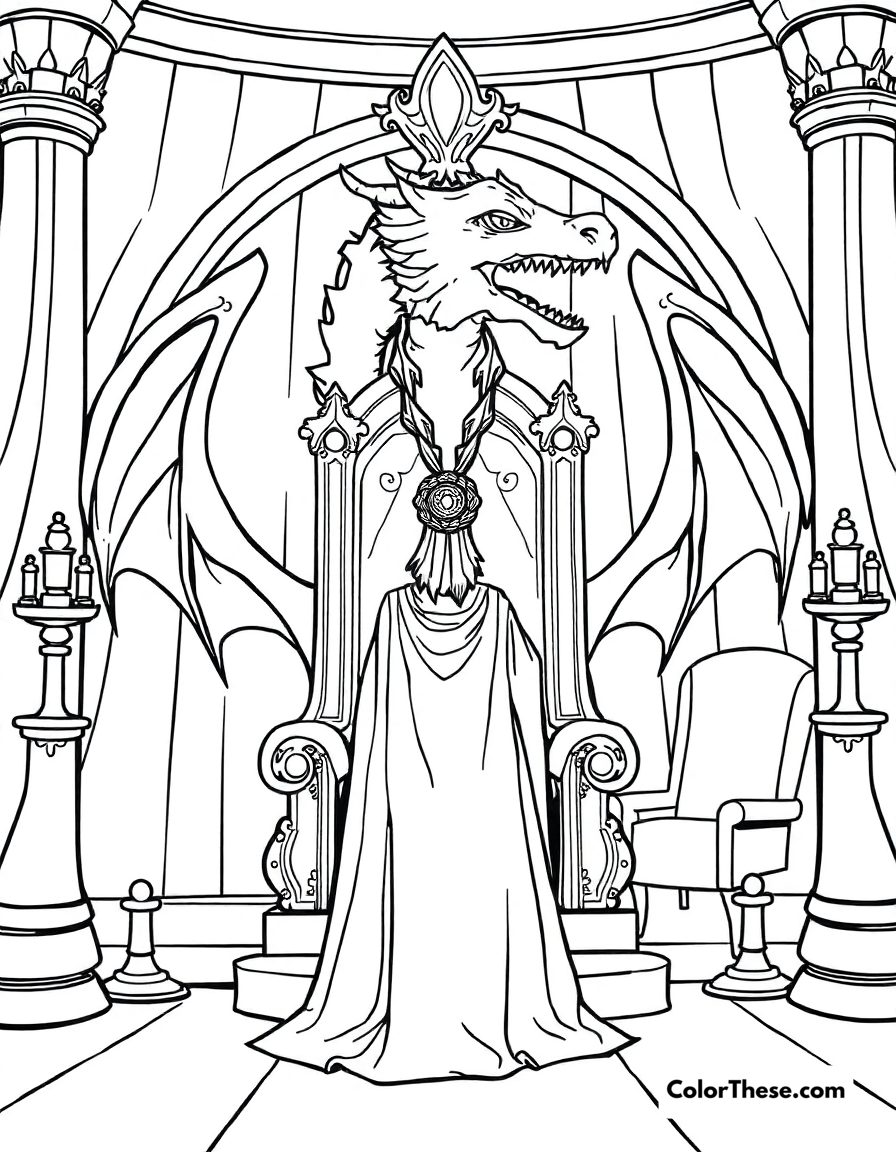 Free printable dragon and queen coloring page for kids and adults - A a queen standing before a dragon in her throne room.