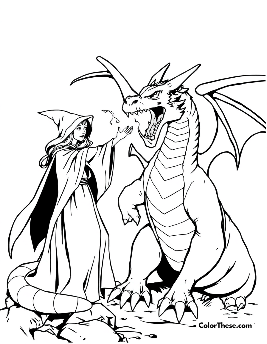 Free printable dragon and sorceress coloring page for kids and adults - A a sorceress casting a spell on a dragon.