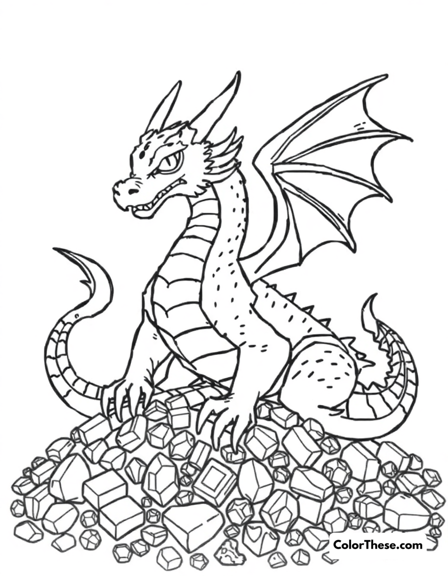 Free printable dragon guarding treasure coloring page for kids and adults - A a dragon sitting on a pile of gold and jewels.