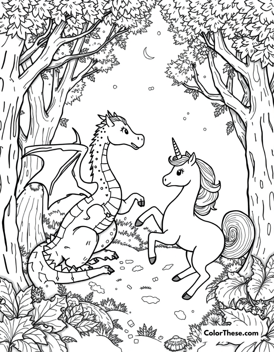 Free printable dragon and unicorn coloring page for kids and adults - A a dragon and unicorn playing in a magical forest.