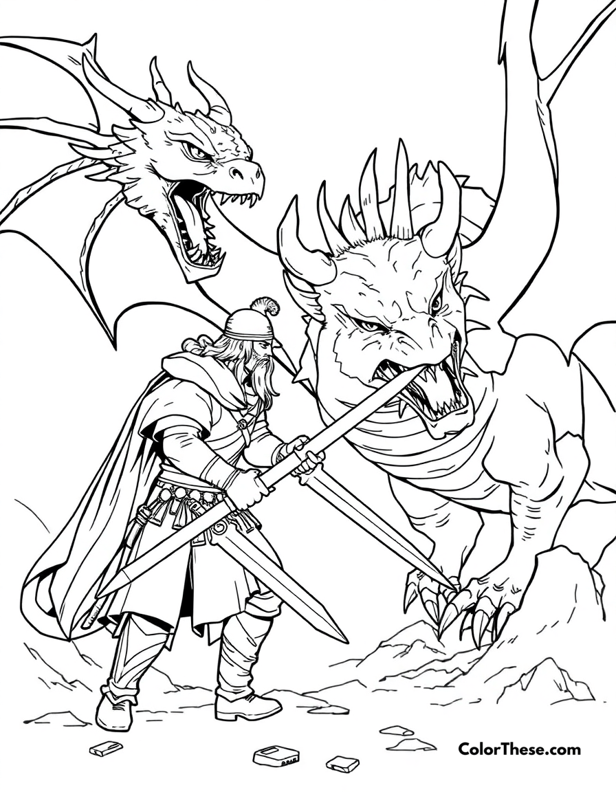 Free printable dragon and warrior coloring page for kids and adults - A a warrior preparing to battle a dragon.