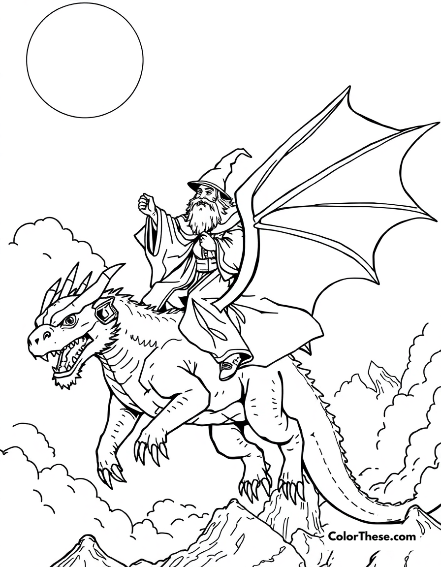 Free printable dragon and wizard coloring page for kids and adults - A a wizard riding a dragon through the sky.