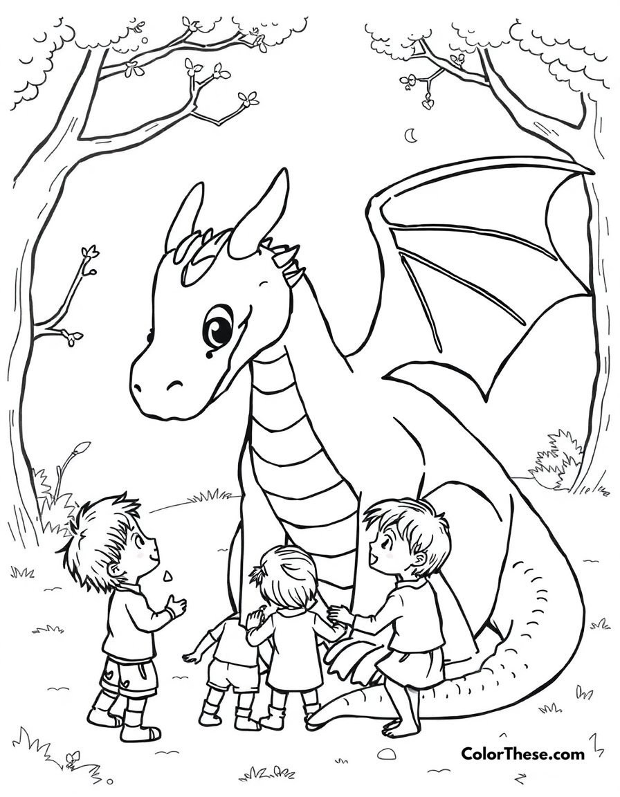 Free printable friendly dragon coloring page for kids and adults - A a gentle dragon playing with a group of children.