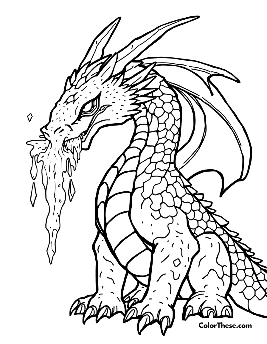 Free printable ice dragon coloring page for kids and adults - A a dragon with icy scales and frosty breath.