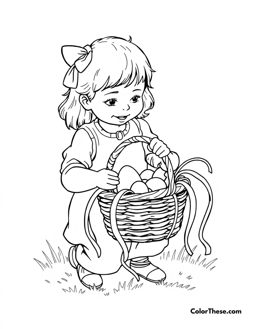 Free printable easter basket weaving coloring page for kids and adults - A a child weaving an easter basket with colorful ribbons.