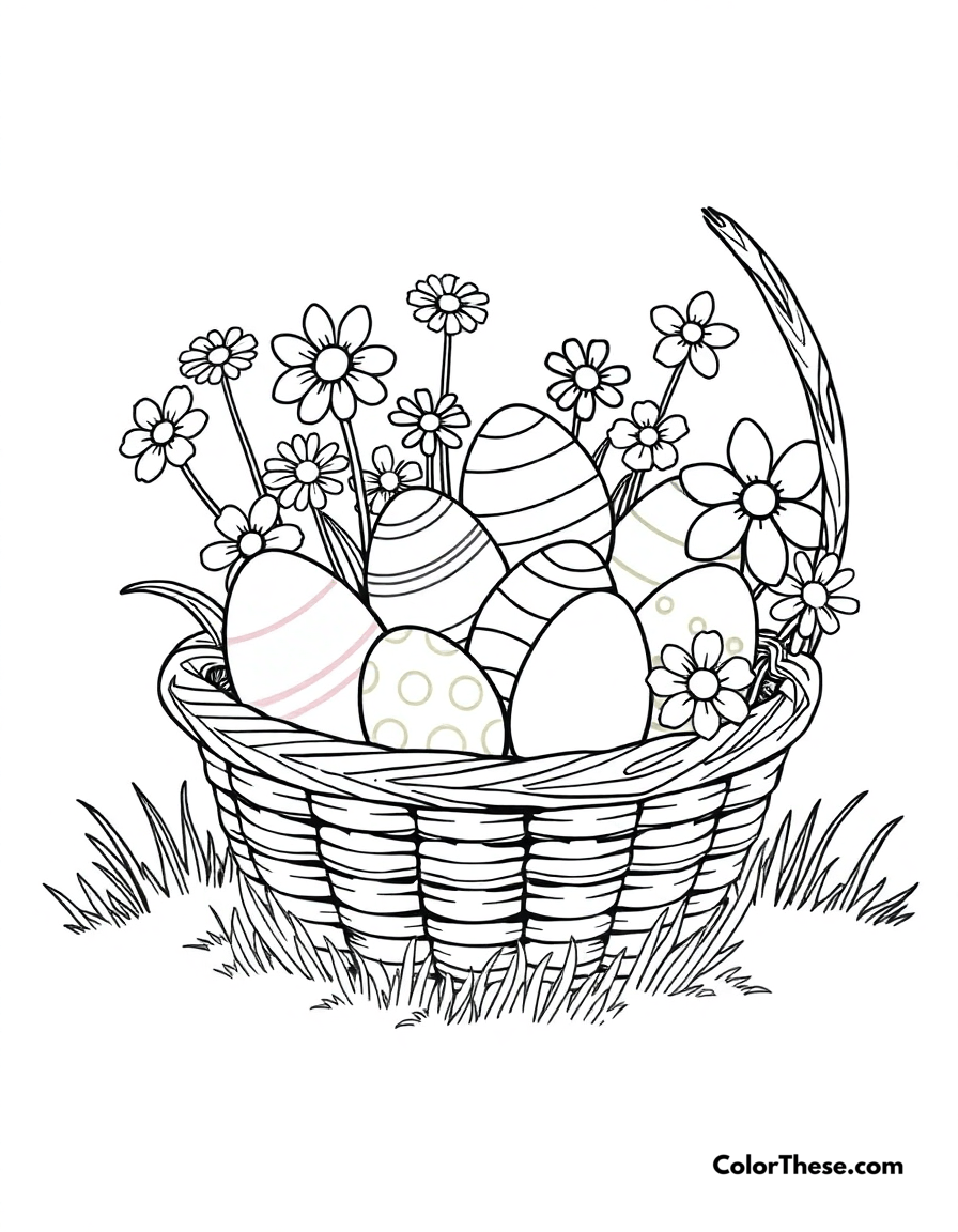 Free printable easter basket coloring page for kids and adults - A a basket filled with colorful easter eggs and flowers.