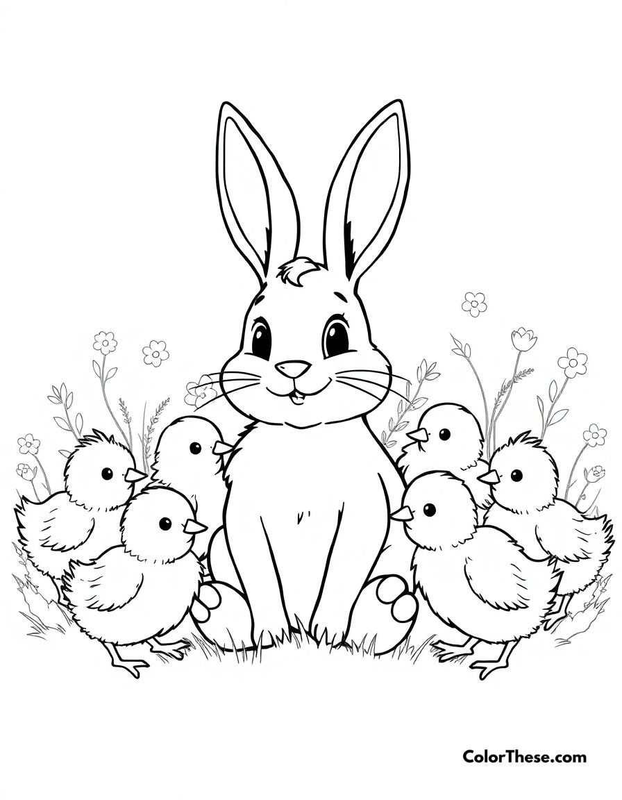 Free printable easter bunny and chicks coloring page for kids and adults - A the easter bunny surrounded by adorable chicks.