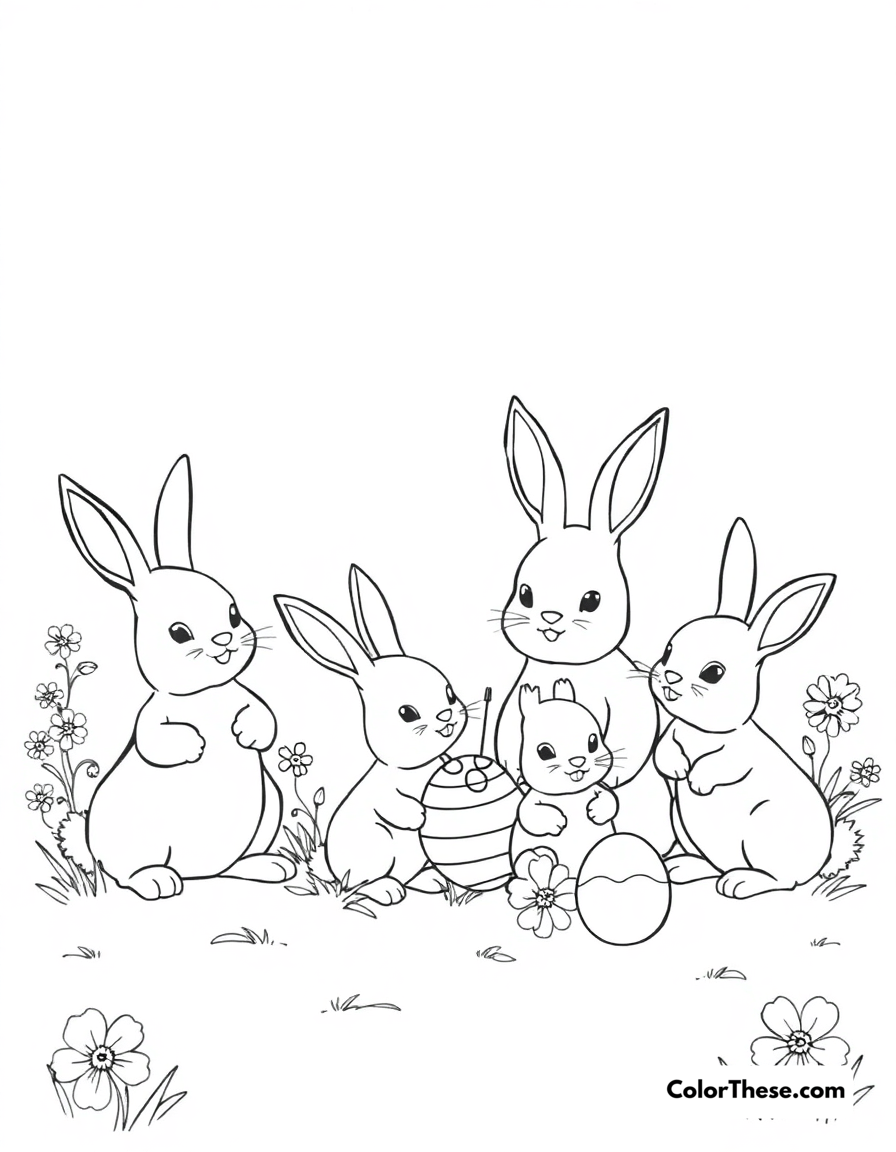 Free printable easter bunny family coloring page for kids and adults - A a family of easter bunnies enjoying the springtime.