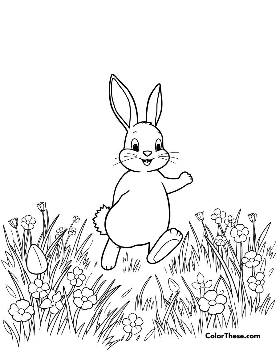 Free printable easter bunny hop coloring page for kids and adults - A the easter bunny hopping through a springtime meadow.