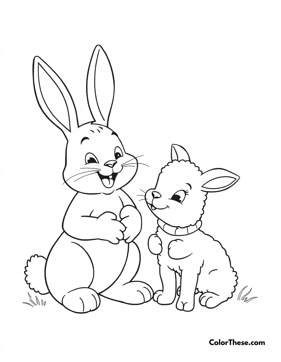 Free printable easter bunny and lamb coloring page for kids and adults - A the easter bunny and a lamb sharing a joyful moment.