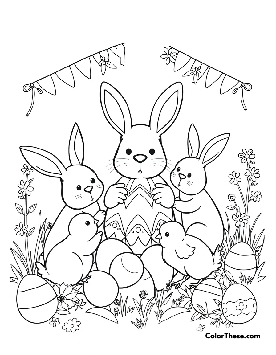 Free printable easter celebration coloring page for kids and adults - A a festive easter celebration with bunnies, chicks, and eggs.