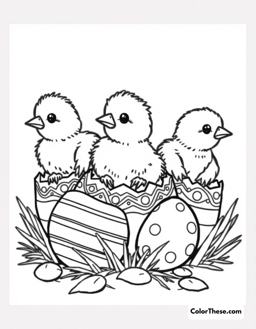 Free printable easter chicks coloring page for kids and adults - A a group of cute chicks hatching from easter eggs.