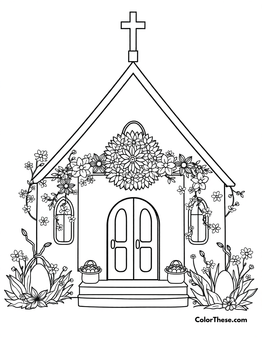 Free printable easter church coloring page for kids and adults - A a church decorated for easter with flowers and eggs.