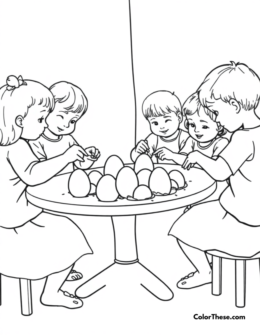 Free printable easter egg decorating coloring page for kids and adults - A children decorating easter eggs at a table.